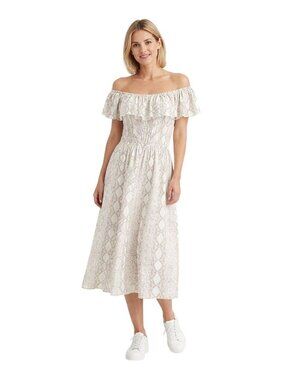 2/$30 Joan Beachwear Medium Snake Print Off-Shoulder Jumpsuit Beige Polyester